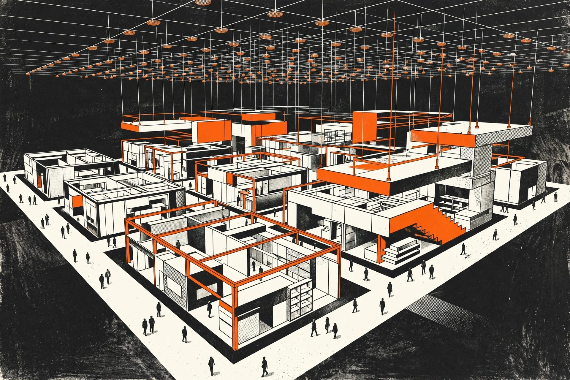 现代国际展览场馆与模块化展台的建筑插画